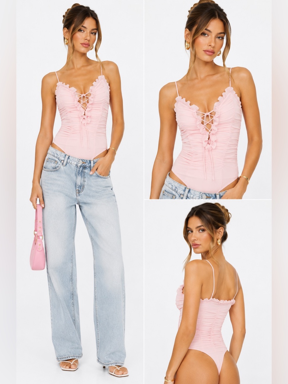 O.Vianca Pink Ruched Lace Up Bodysuit Small